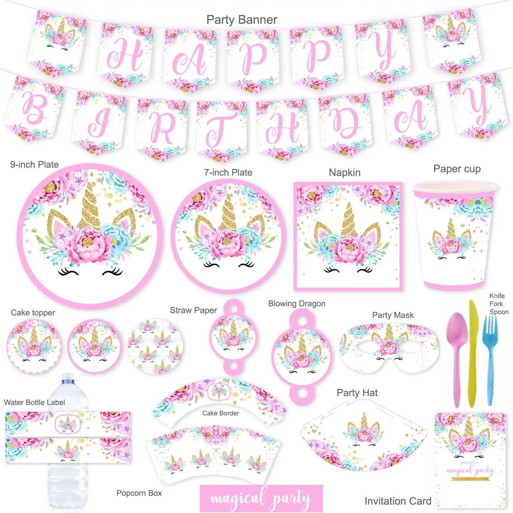 День рождения Радуга Единорог вечерние принадлежности Набор С Днем Рождения