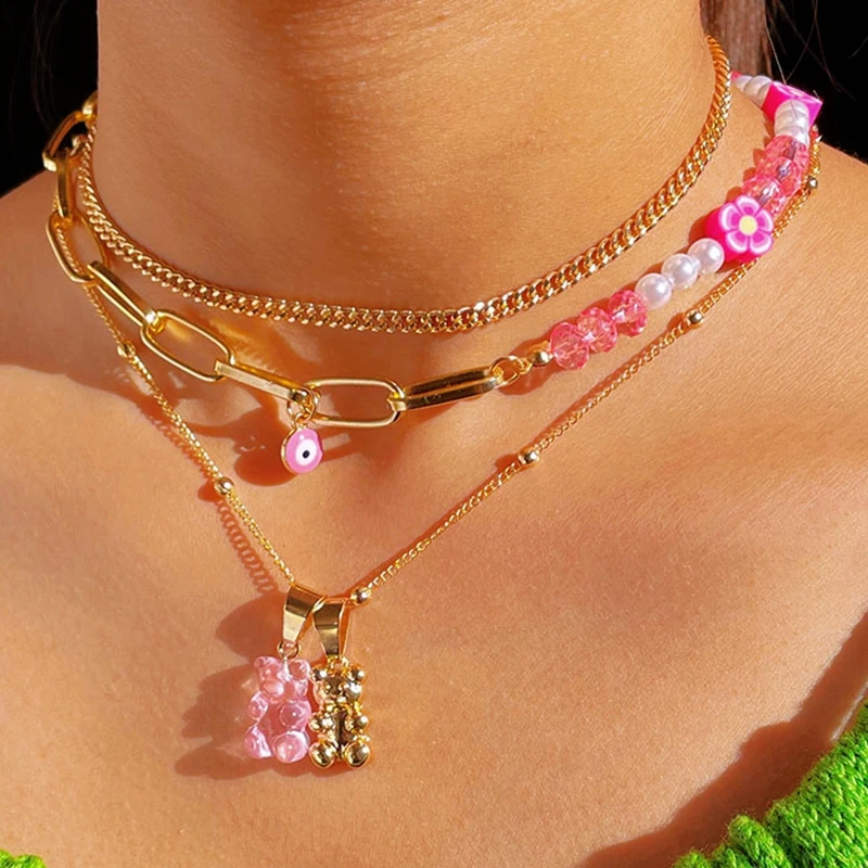 

Pink Gummy Bear Pearl Beaded Choker Necklace For Women Multilayer Asymmetrical Flower Beads Metal Chain Necklace Fashion Jewelry