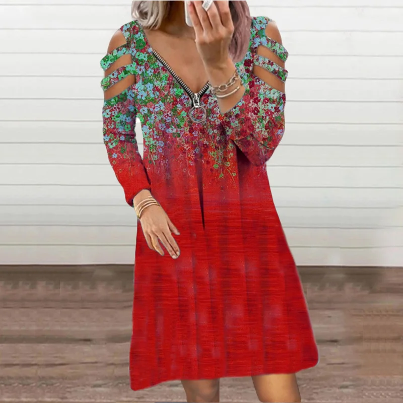 

V-neck Dress Women Hollow Out Sleeve Zipper Knee-length Dresses Autumn Casual Floral Print Streetwear Plus Size Ladies Dress