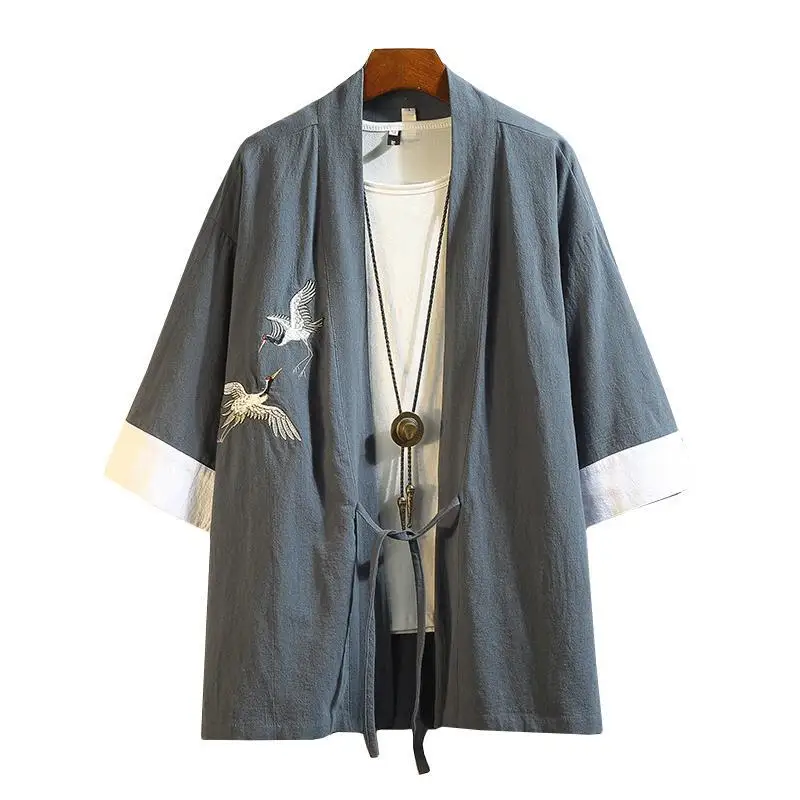 

M-5XL Japanese Streetwear Kimono Shirt Men Chinese Dragon Embroiderd 3/4 Sleeve Collarless Shirts Cotton Office Wear XXXXXL