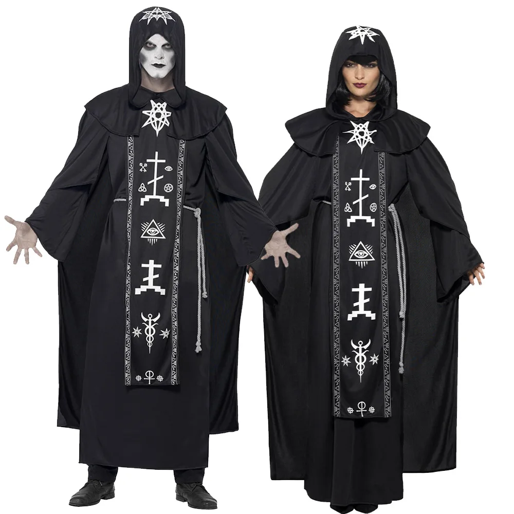 

Halloween Priest Friar Cloak Cape Comic Party Cosplay Scary Costumes Monk Wizard Witch Hooded Robes Medieval Renaissance Outfits