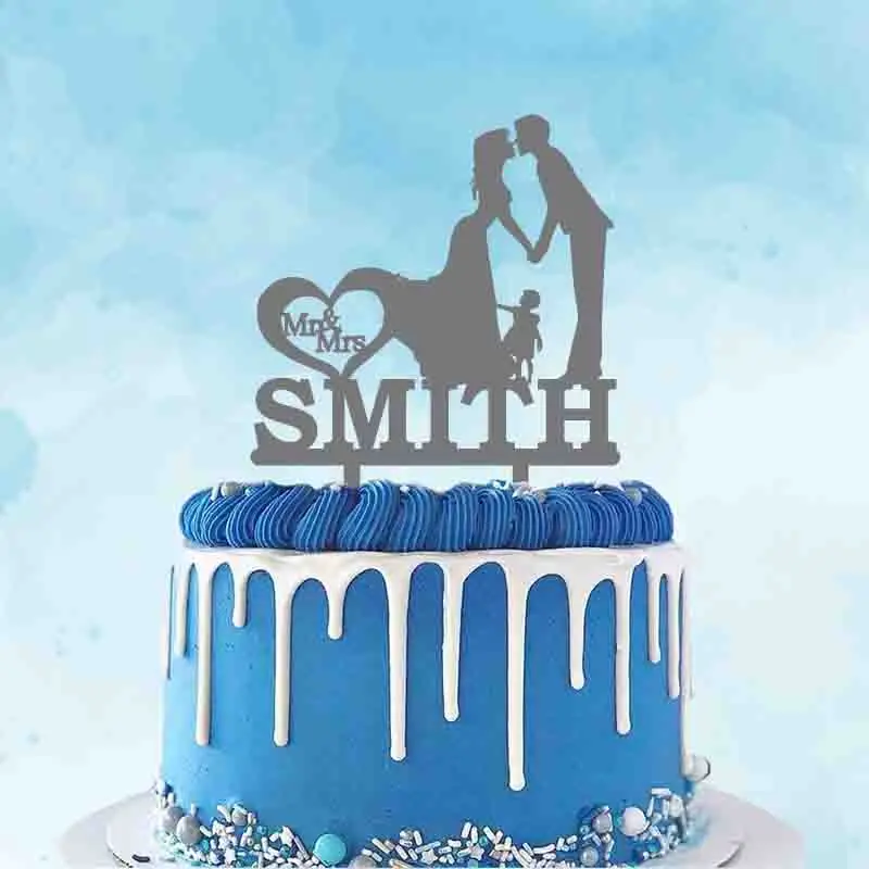 

Personalized Wedding Anniversary Cake Topper Custom Mr Mrs Name Couple and Little Girl Anniversary Party Cake Decoration Topper