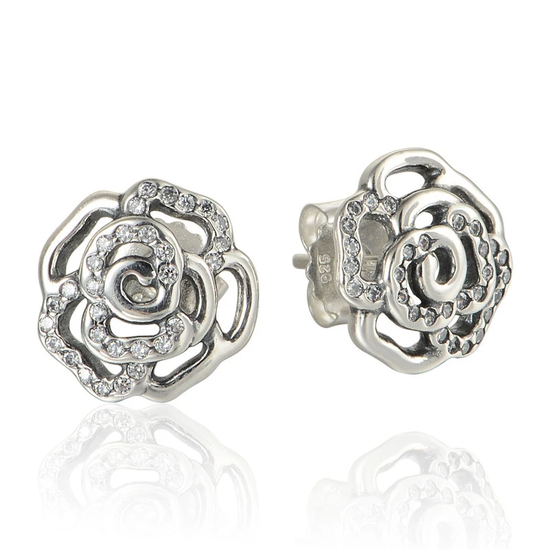 

Hollow Rose With CZ Stud Earrings 2021 Christmas Gift Sterling Silver Jewelry Earrings For Woman Party Jewelry Making