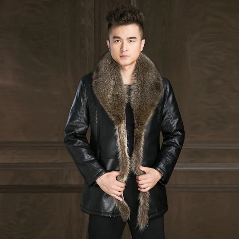 

Russian Winter Men Leather Jacket New British Style Fox Fur Collar Thicken Leather Jacket Male Warm Outerwear Windbreaker Jacket