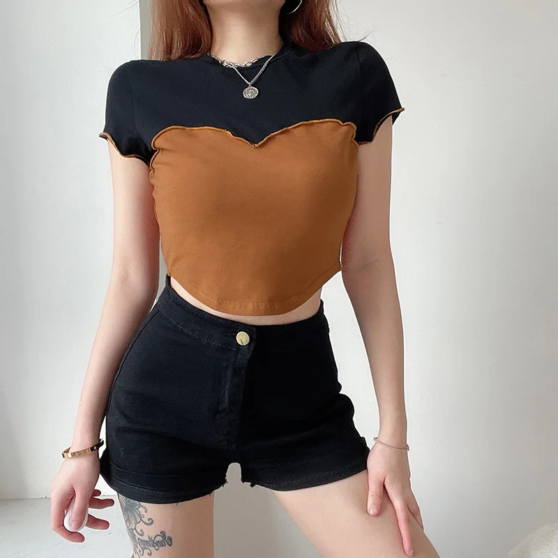 

Unique Patchwork Design Crop Tops Summer Women Y2k Fashion O-Neck Skinny Casual Short T-shirts 2021 All-Match Short Sleeve Tees
