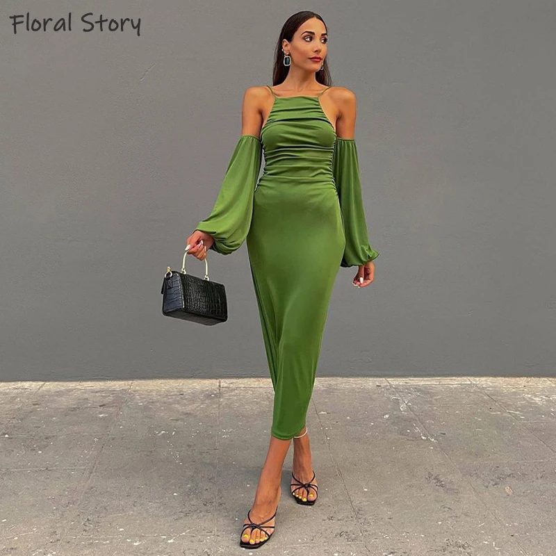 Женское облегающее Платье макси с рукавами-фонариками однотонное зеленое