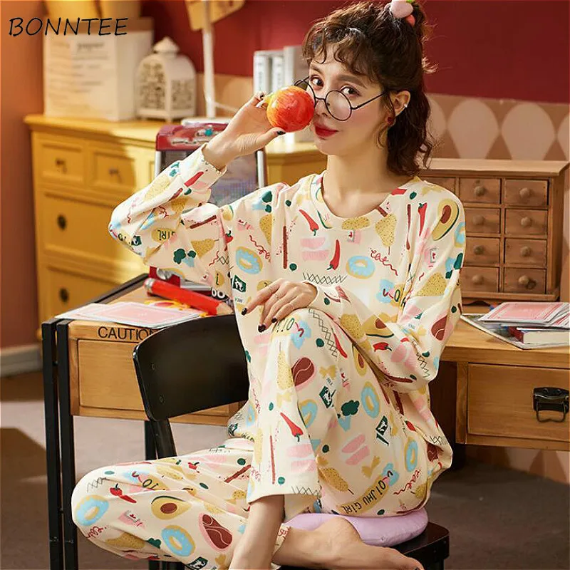 

Pajama Sets Fall Spring Lovely Cartoon Daily Soft Korean Trendy 2 Piece Homewear Pjs Womens Long Sleeve Popular Femme Sleepwear