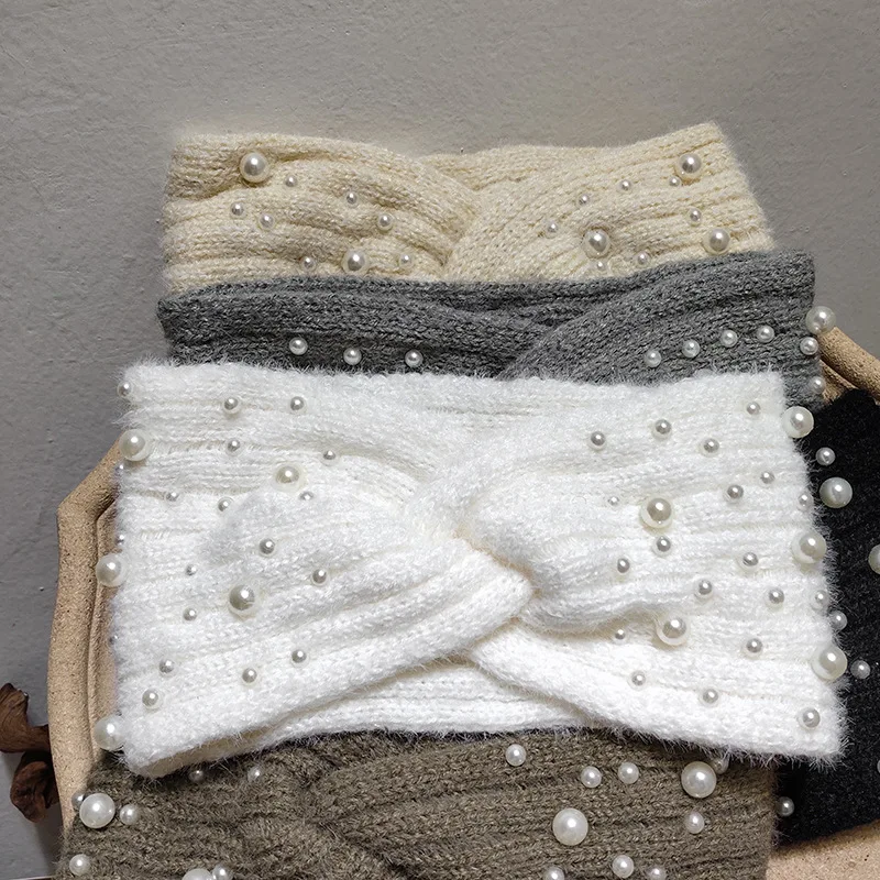 

Women's Knit Pearl Ear Warmer Headband Turban Bandana On Head Autumn Winter Elastic Hairband White Hair Accessories Headdress