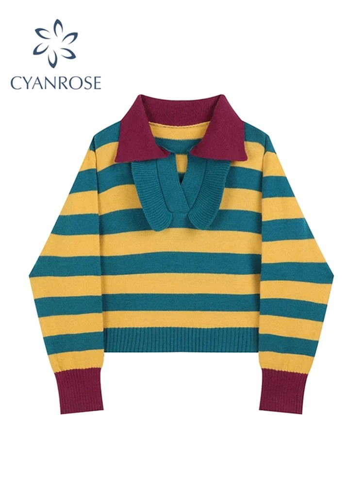 

Женский свитер в полоску, Свободные Повседневные вязаные пуловеры с лацканами, элегантный женский винтажный уличный джемпер в стиле Харадз...