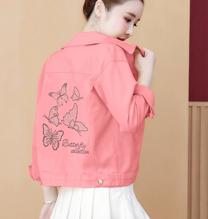 

Spring Antumn Butterfly Denim Jackets Vintage Diamonds Casual Coat Women Denim Jacket Oversized Outerwear Jeans Plus Size 5XL