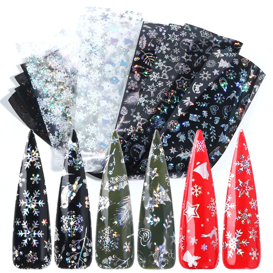 10pc Holographic Nail Art Transfer Foil Set Christmas Design Water Sticker Manicure Gel Wraps Adhesive Xmas Slider LAA21-2 | Красота и