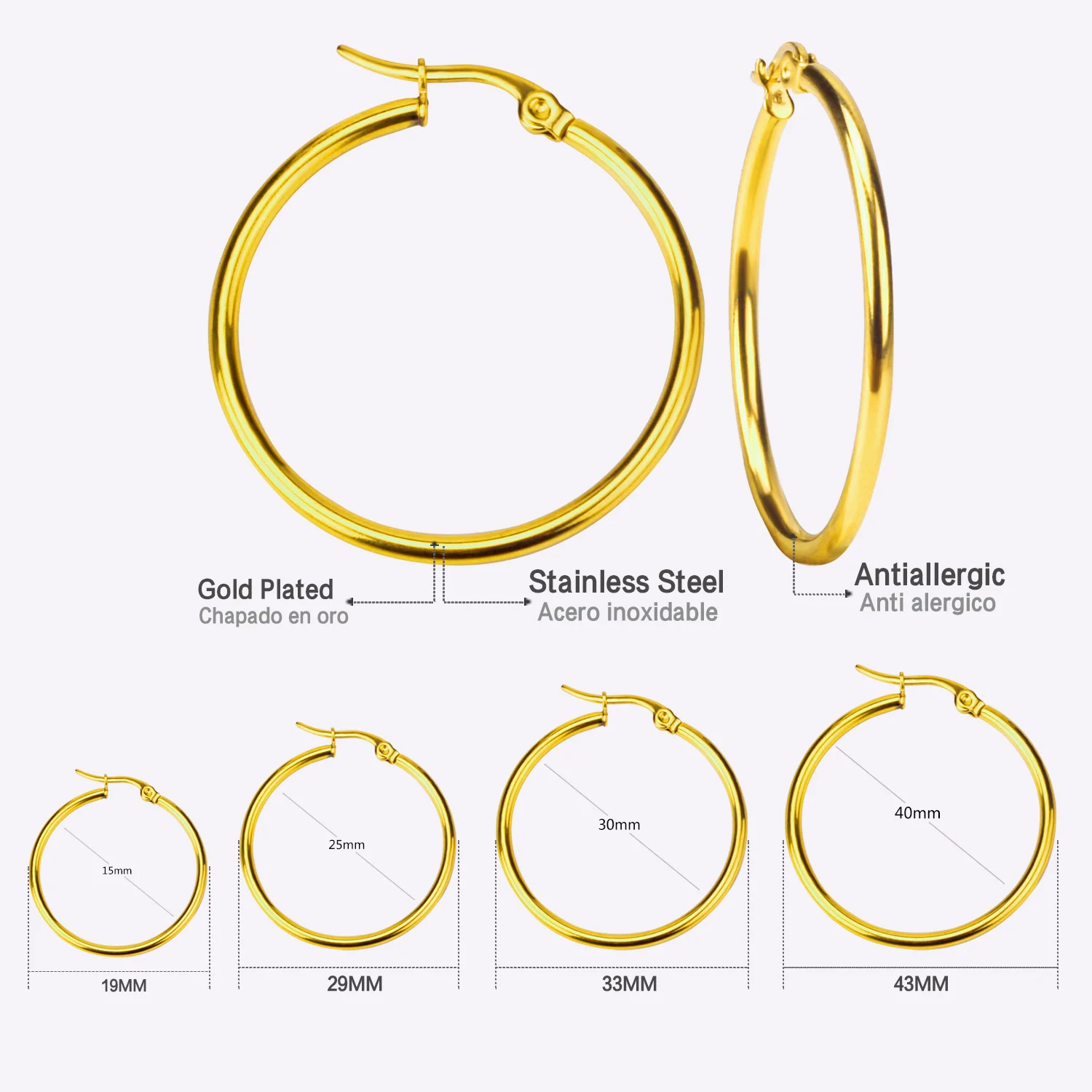 

4 Pairs Hoop Earrings Set 15mm/25mm/35mm/40mm Stainless Steel Gold Color For Women Men Simple Style Fashion Jewelry Wholesale