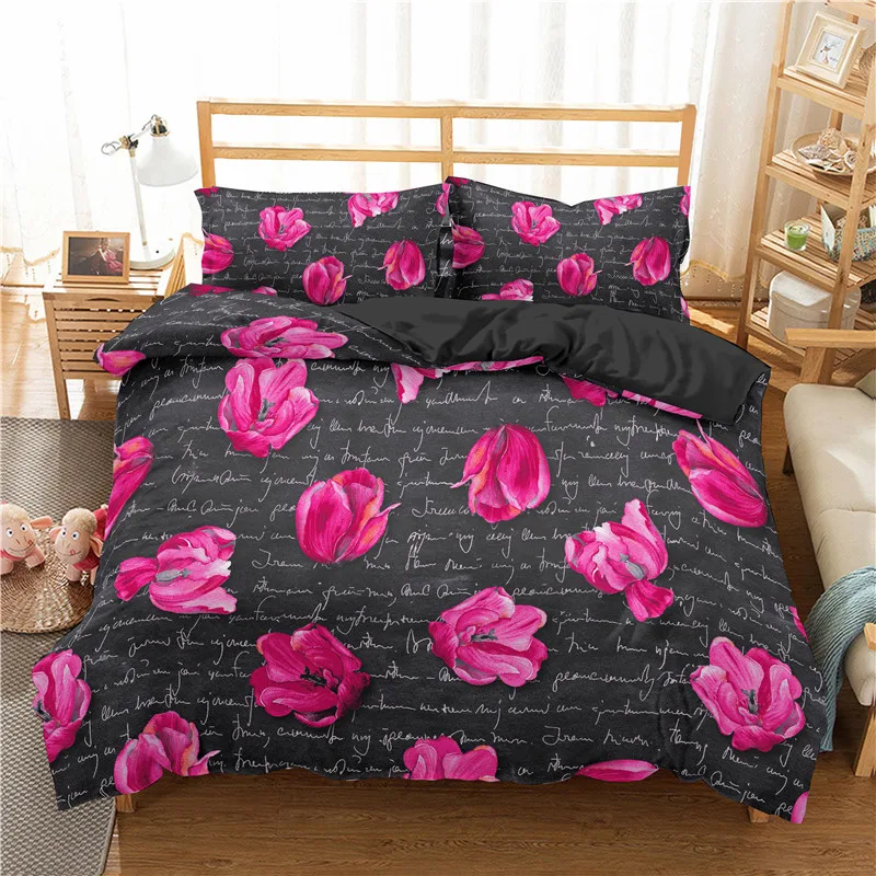3d Bedding Set Flowers With English Letters For Adults Comforter Cover 2/3pc Duvet Queen King Size | Дом и сад