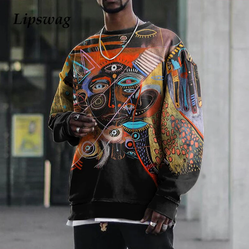 

Retro Pattern Printed Long Sleeve Sweatshirt Mens Hip Hop Loose O-Neck Tops Pullovers Casual Men Clothing 2021 Spring Streetwear