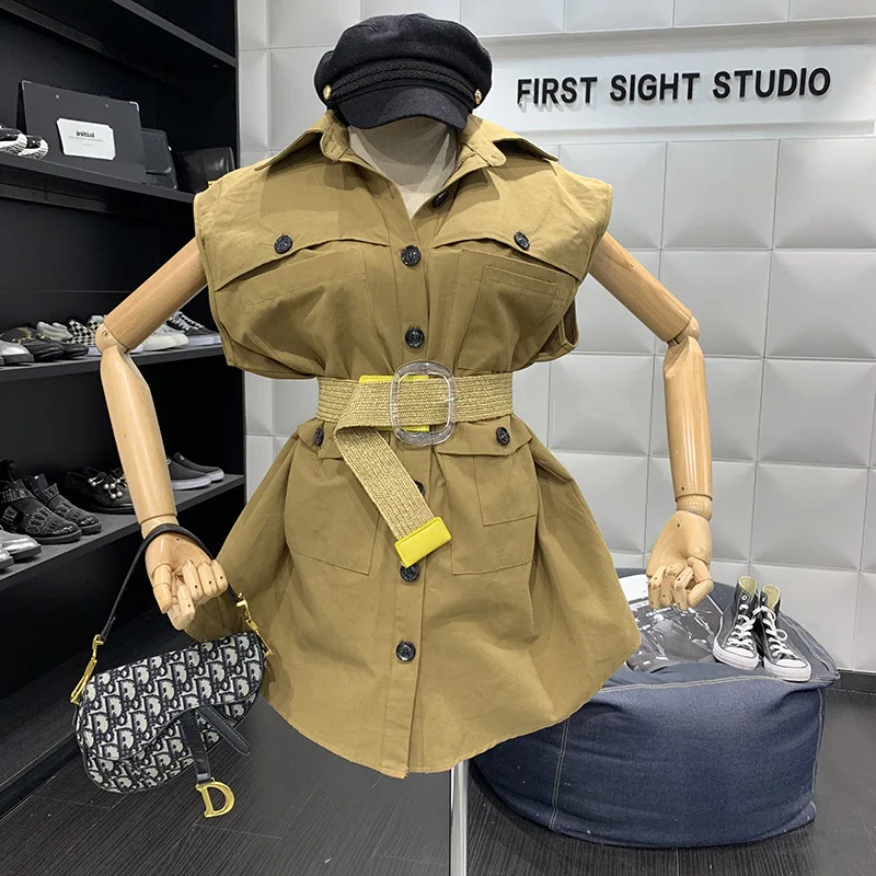 Женское однобортное платье ALPHALMODA без рукавов с поясом и карманами на весну