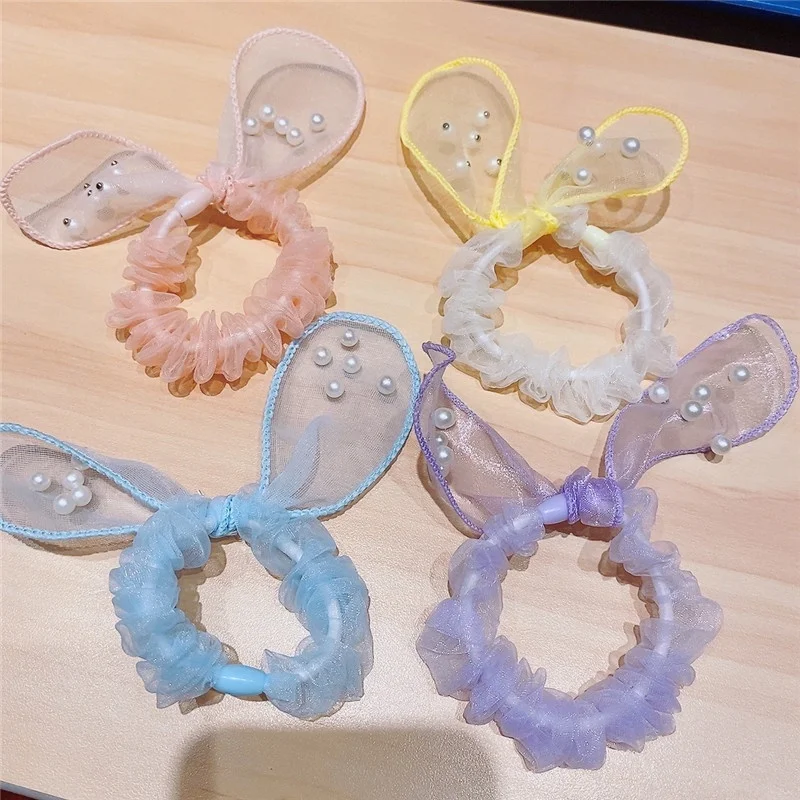 

Girls Sweet Mesh Hairbands With Pearls Bowknot Scrunchies Ponytail Elastic Rubber Bands Hair Ties Hair Accessories