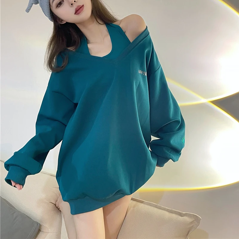 

Korean Clothes New Spring and Autumn Oversize Women's Neutral Commute Simplicity Pullovers Fashion Solid V-Neck Sweatshirts