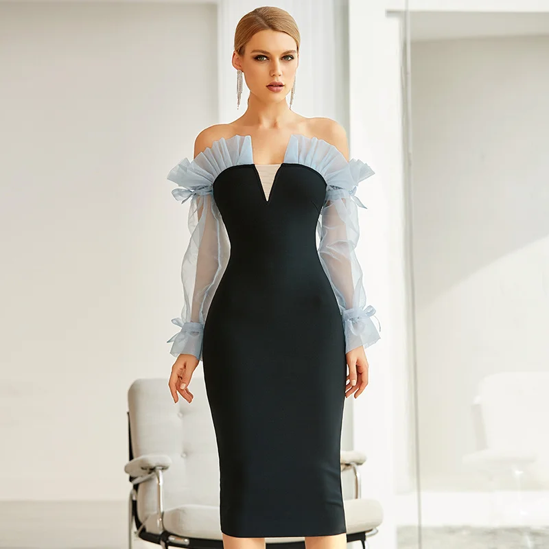 

2020 New Arrival Women multi lace slash neck long sleeve Vestidos Celebrity evening party bodycon bandage dress dropshipping