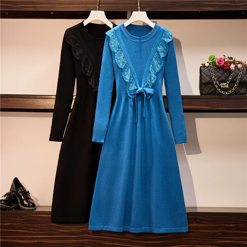 

Plus Size Solid Knitted Long Dress Women Autumn Winter o Collar Long Sleeve Sweater Dress Lady Ruffle Casual Dress Vestidos Big