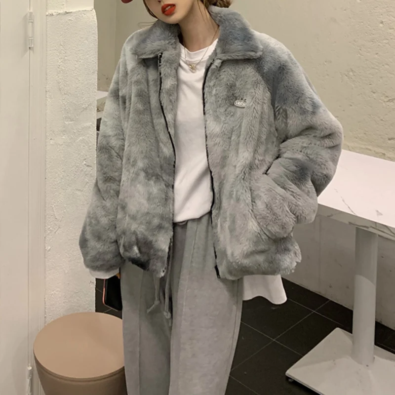 PERHAPS U Women Gray Pink Faux Fur Jacket Outwear Zipper Warm Thick Tie dye Chic Elegant C0476