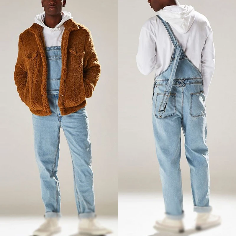 Винтажный Ретро Длинный комбинезон для мужчин Slim Fit Bib джинсовые карманы Модные Простые повседневные мужские джинсы