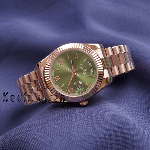 Rose Gold Green Роскошные брендовые новые мужские часы DAYDATE из желтого розового золота, часы на день, дата, президент, автоматические механические часы Roma, серебристый, черный, зеленый, синий, 41 мм - Цвет: Rose Gold Green