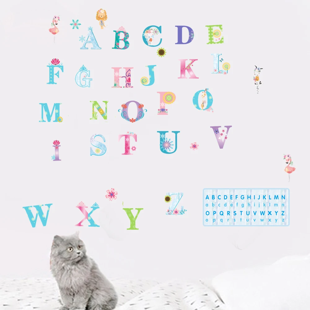 Cartoon Princess 26 letters alphabet animals wall stickers for kids rooms home decor children wall decal poster mural