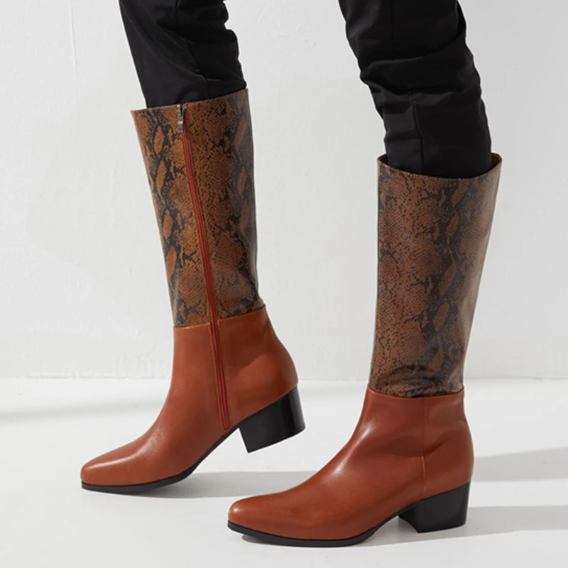 

Brown Winter Genuine Leather Men's Long Snow Mid-Calf Boots Pointed Toe Zip High Heel (5cm) Man Motorcycle Riding Shoes HQS462