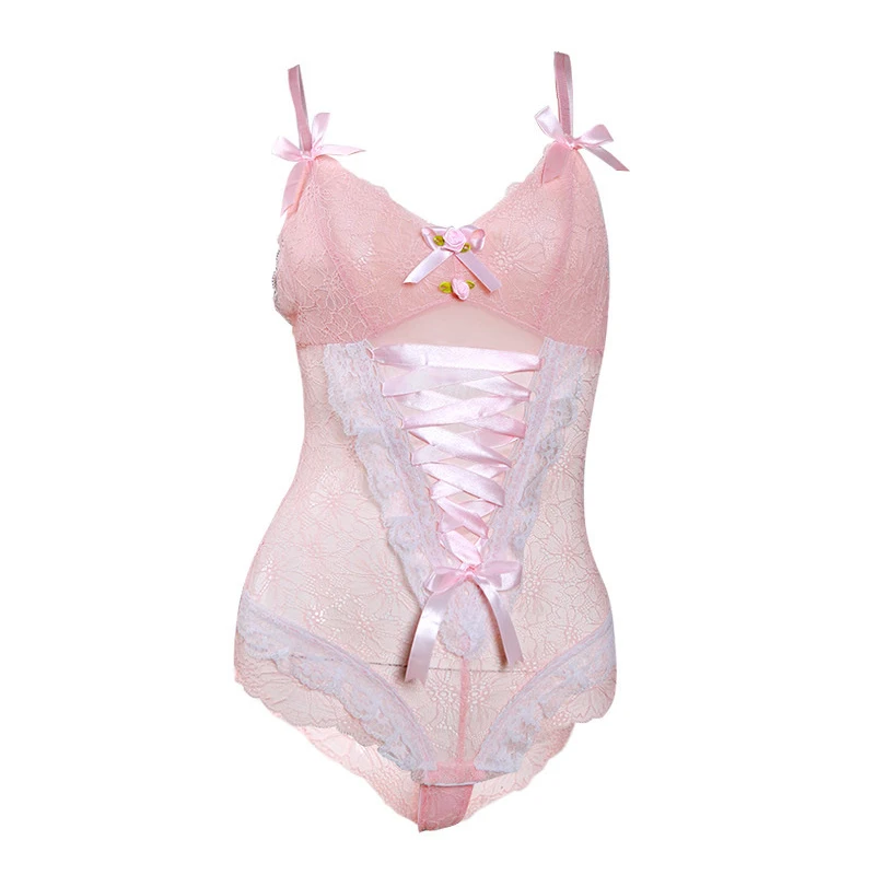 

2021NEW Sweet Women Sexy Floral Lace Crotchless Bodysuit Ladies Erotic lingerie Pink Sleeveless V Neck Cute sleepwear