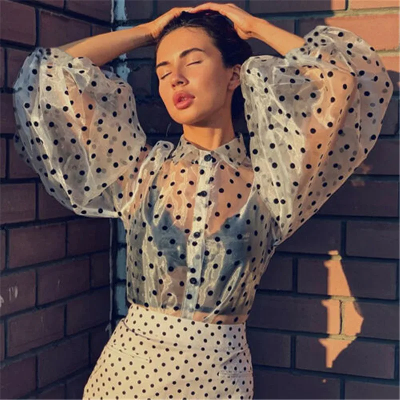 2020 New Women Mesh Sheer Blouse See-through Lantern Long Sleeve Fashion Pearl Button Transparent Dot Shirt Female Blusas | Женская