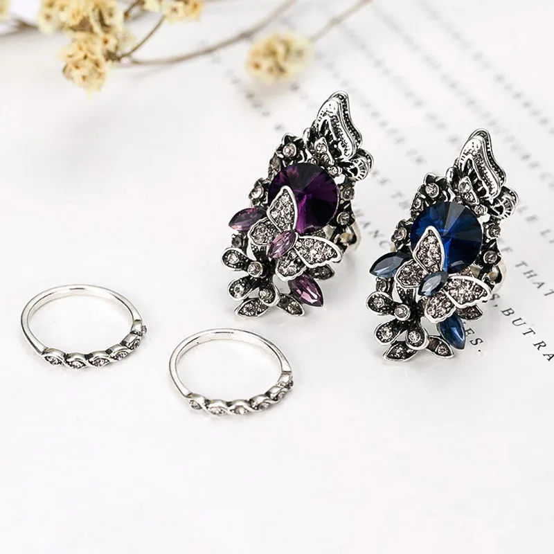 

2PCS/SET Fashion Floral Crystal Rhinestone Vintage Ring Set Jewelry Crystal Butterfly Ring 2-Piece Set Alloy Butterfly Ring