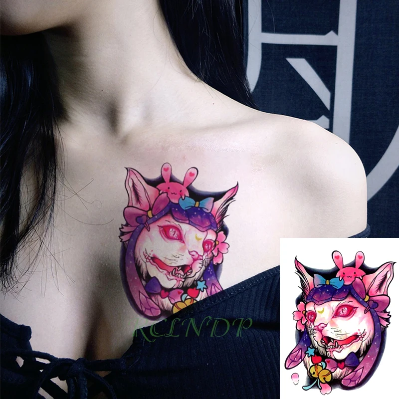 Водонепроницаемая Временная тату наклейка мультяшная тьма Кот бант цветные флеш
