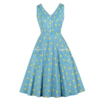 2021 lace insert v neck button front lemon print a line pinup dress 40s 50s 60s women summer sky blue sleeveless vintage dress