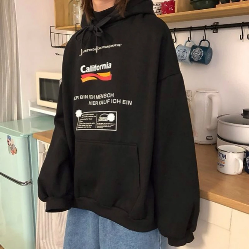 

Women Hoodies 2020 New Letter Printed Oversized Loose Full Sleeve O Neck Hooded Sweatshirt Female Casual Harajuku Pullover Tops