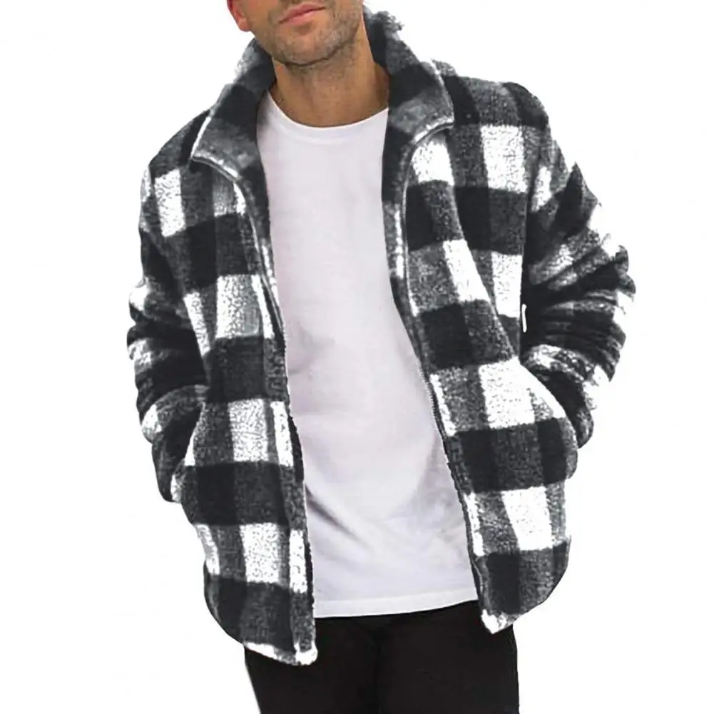

Winter Plaid Jacket Men Zipper Closure Thicken Warm Jacket Double Sided Velvet Plaid Print Pockets Men Jacket Coat Outerwear