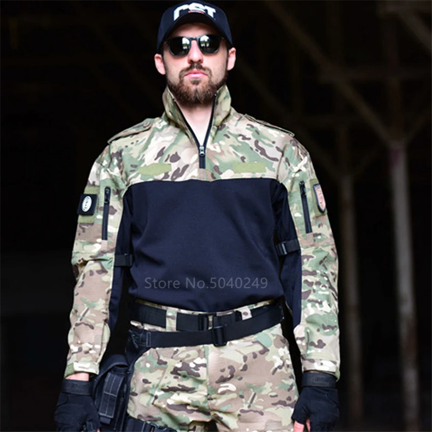 Военная униформа Мужская камуфляжная рубашка с длинным рукавом лоскутный Топ