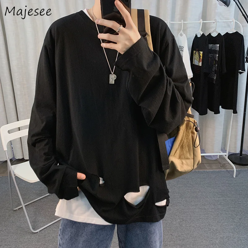 

Men Long Sleeve T-shirts Plus Size 3XL Holes Solid Chic Hip-hop Korean Style Harajuku Leisure All-match Mens Streetwear Ulzzang
