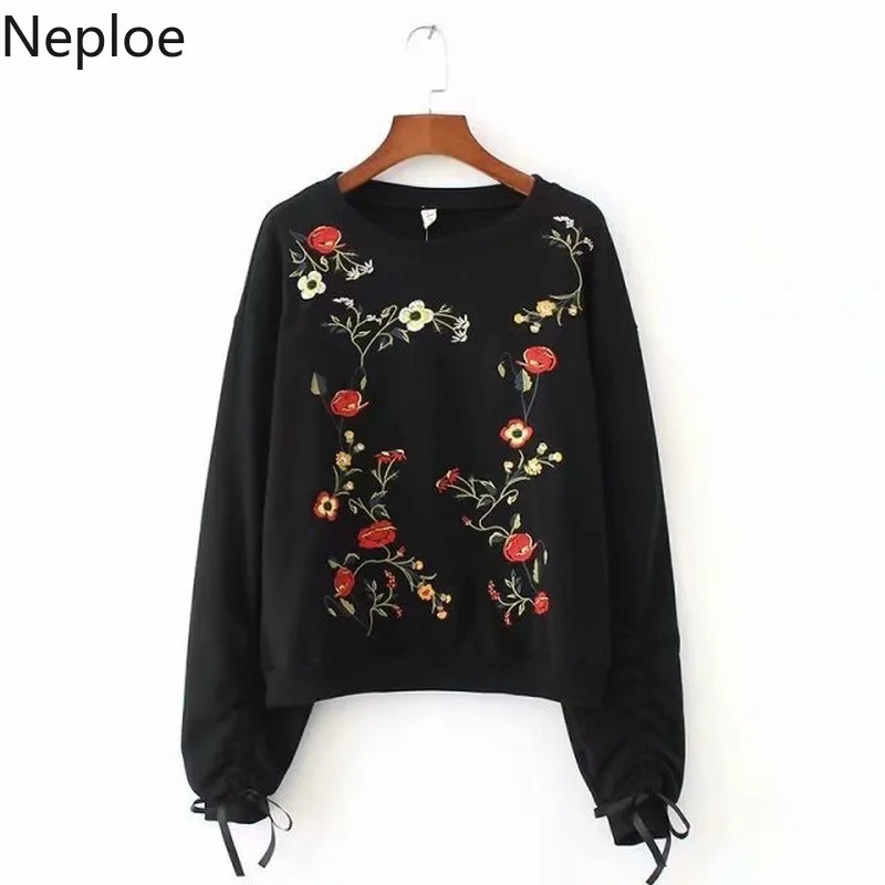 Neploe Корейская Милая Цветочная вышивка толстовки с круглым вырезом длинными