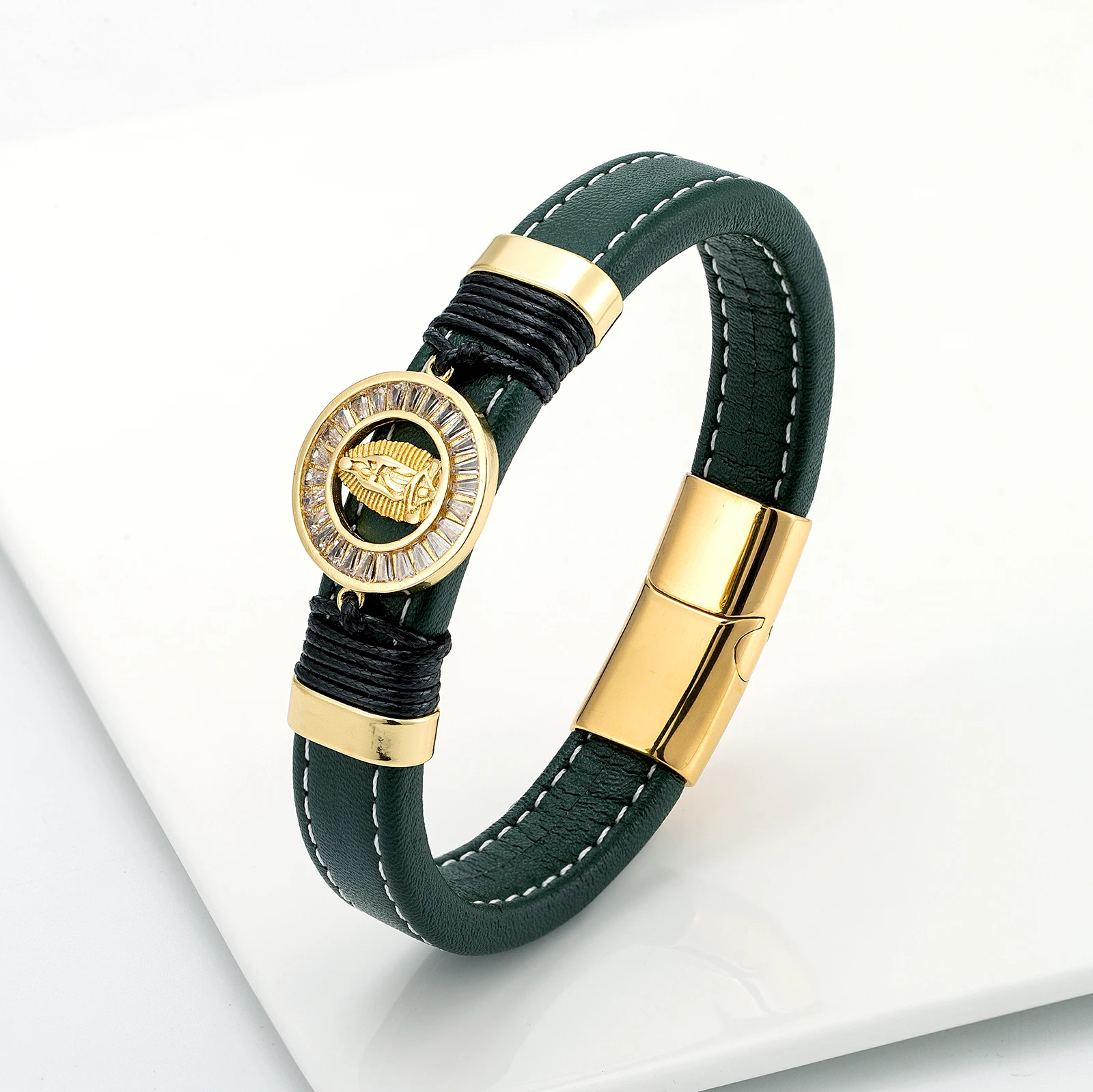 Широкий кожаный браслет с микро-инкрустацией из циркония для мужчин и женщин |