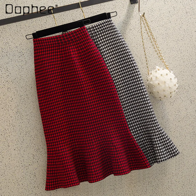 

Women's Knitted Mid-Length Ruffled Skirt 2021 Winter Stretchy High Waisted Slimming Plaid Flounce Peplum Wrapped Fishtail Skirts
