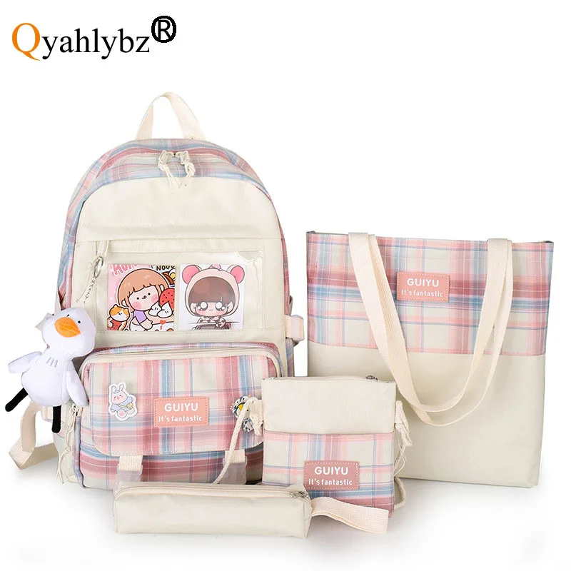 Школьный портфель qlord lybz для женщин, рюкзак на плечо для старшеклассниц, нейлоновый клетчатый из четырех предметов в стиле Харадзюку