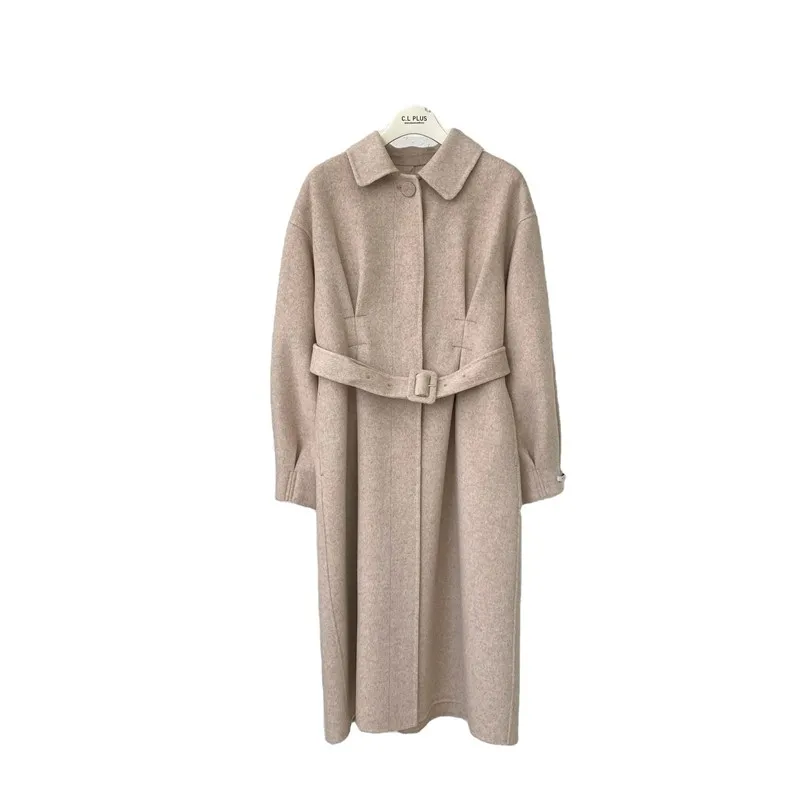 

2020 Winter Women Handmade High End Long Lacing Belt Woolen Overcoat Jacket Loose Double Sided Single Breasted 100% Wool Coat