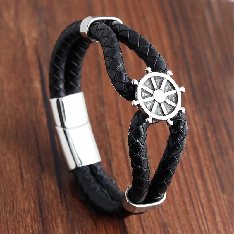 Handmade Retro Rudder Leather Bracelet Vintage Braided Magnetic Clasp Bangle Male Accessories Hand Jewelry | Украшения и