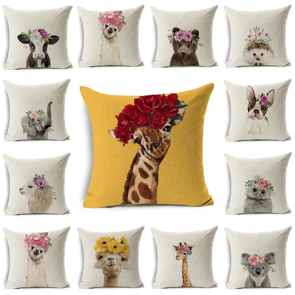 

18'' Linen Pillow Case Cute Cartoon Animal Pattern Printed Sofa Bedroom Living Room Seat Home Decoration Cushion Cover