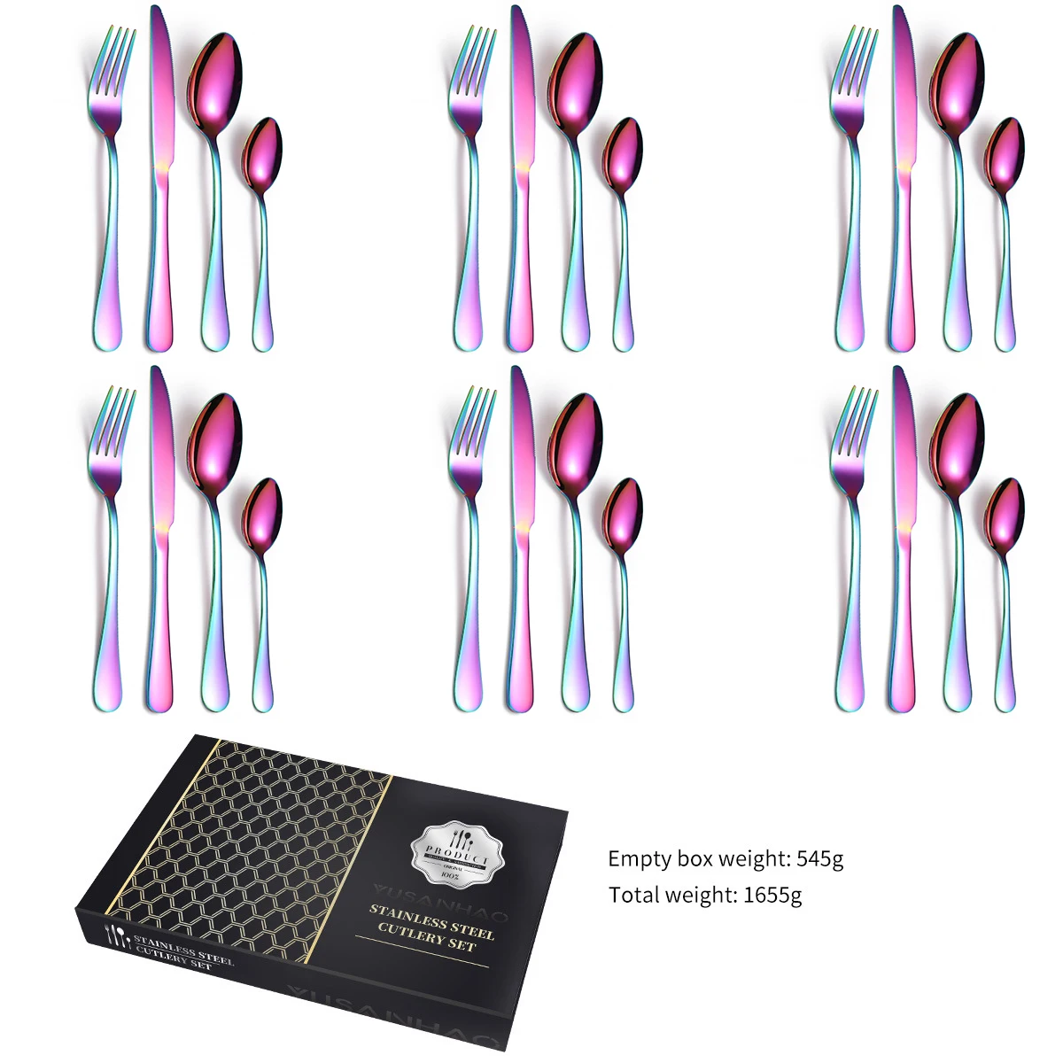 Набор посуды из 4 предметов вилка ложка нож нержавеющей стали с цветным лазерным