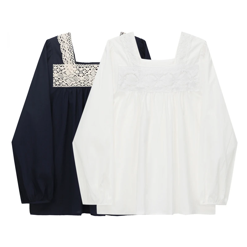 

Новая весенняя однотонная тонкая рубашка с квадратным воротником и кружевными краями, с пышными рукавами, женские топы с рукавами-фонарика...