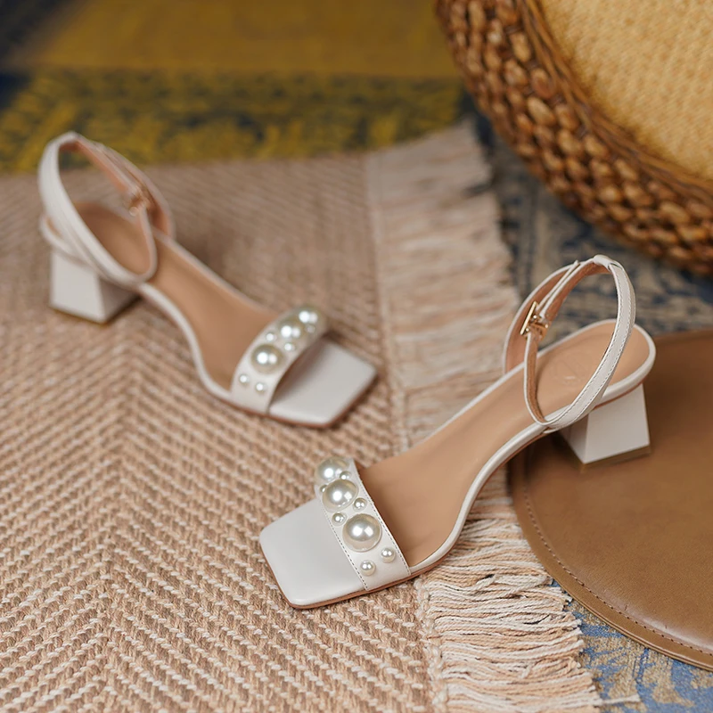 

Pearls Sandals Open Toe Genuine Leather Thick Heels Women Sandals Ankle Strap Dress Sandal Summer Shoes Woman Yellow Beige