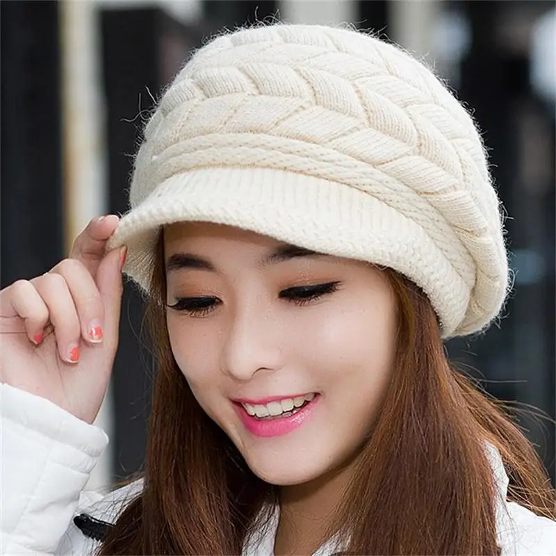 

Women's Hats Winter Warm Knitted Hat Rabbit Hair Double Layer Plus Velvet Cap Visor Beanies for Women Casual Gorras