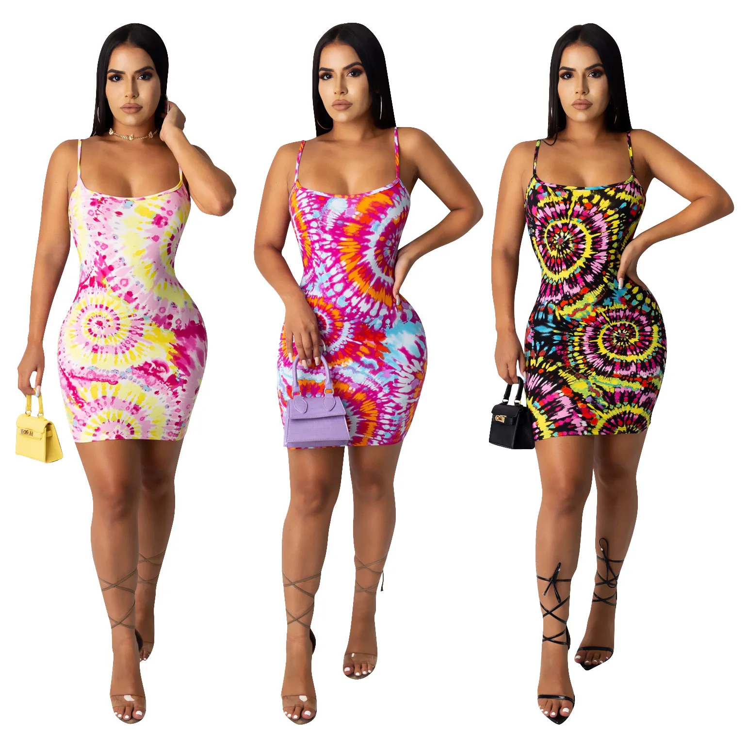 

New Fashion Ladies Color Printing Suspender Tight-fitting Dress Sexy Tube Top Round Printing Casual Dress