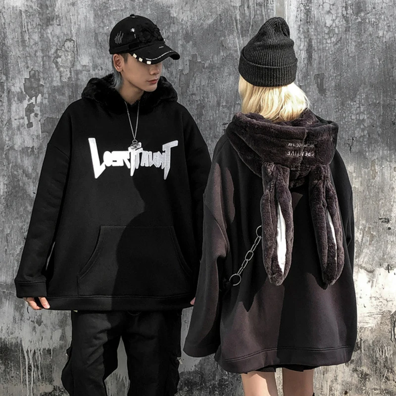 

Streetwear Men Patchwork Fleece Hood With Rabbit Ears Embroidery Letters Mens Hoodies Oversize Loose Hoodie Kangaroo Pocket